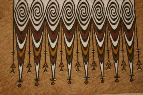 Rare Tapa Kapa Bark Cloth (Called Kapa in Hawaii), from Lake Sentani, Irian Jaya, Papua New Guinea. Hand painted with natural pigments by a Tribal Artist: Abstract Geometric Stylized Fish Motifs 28.5" x 20.5" Item no 1
