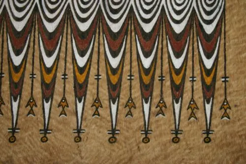 Rare Tapa Kapa Bark Cloth (Called Kapa in Hawaii), from Lake Sentani, Irian Jaya, Papua New Guinea. Hand painted with natural pigments by a Tribal Artist: Abstract Geometric Stylized Fish Motifs 28.5" x 20.5" Item no 1