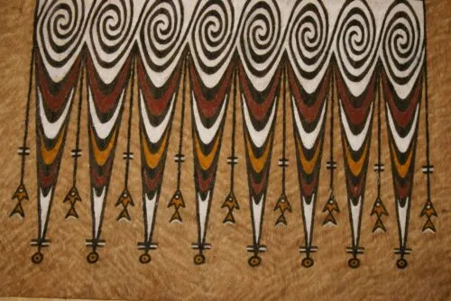 Rare Tapa Kapa Bark Cloth (Called Kapa in Hawaii), from Lake Sentani, Irian Jaya, Papua New Guinea. Hand painted with natural pigments by a Tribal Artist: Abstract Geometric Stylized Fish Motifs 28.5" x 20.5" Item no 1