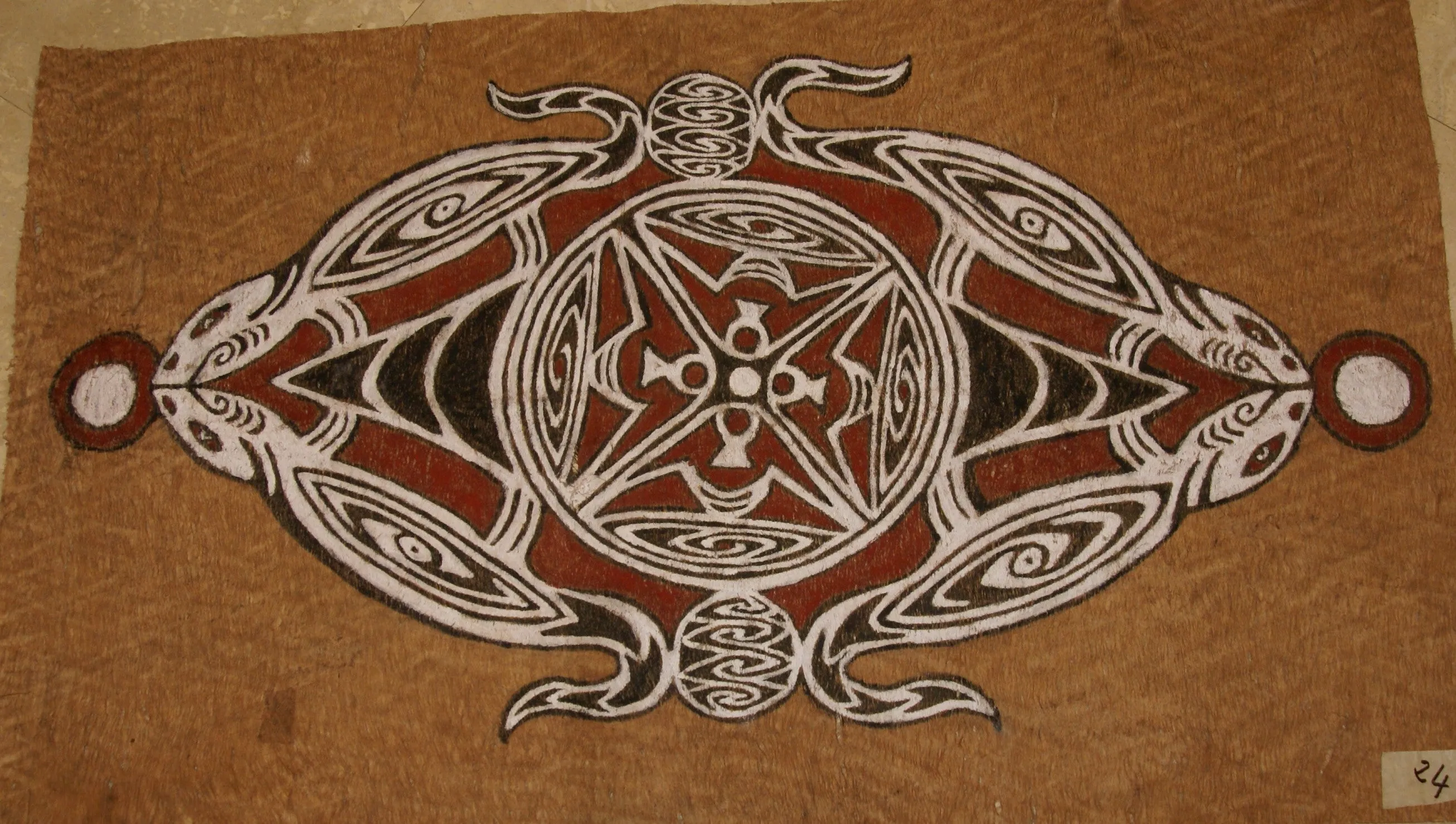 Rare Tapa Kapa Bark Cloth (Kapa in Hawaii) from Lake Sentani, Irian Jaya, Papua New Guinea. Hand painted by Tribal Artist with natural pigments: Abstract Stylized Geckos & Fish 31.5" x 19.5" No 14
