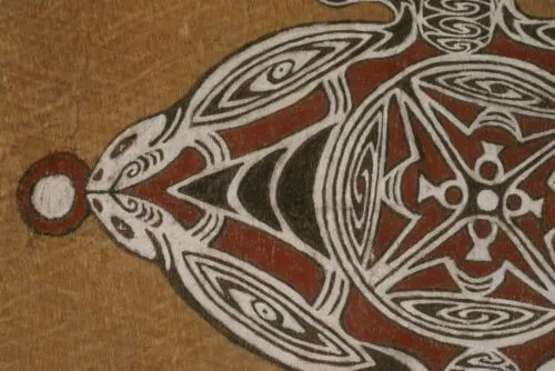Rare Tapa Kapa Bark Cloth (Kapa in Hawaii) from Lake Sentani, Irian Jaya, Papua New Guinea. Hand painted by Tribal Artist with natural pigments: Abstract Stylized Geckos & Fish 31.5" x 19.5" No 14