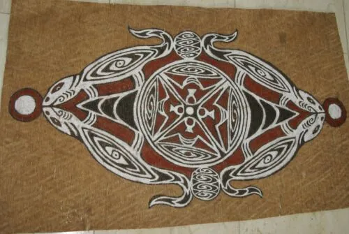 Rare Tapa Kapa Bark Cloth (Kapa in Hawaii) from Lake Sentani, Irian Jaya, Papua New Guinea. Hand painted by Tribal Artist with natural pigments: Abstract Stylized Geckos & Fish 31.5" x 19.5" No 14