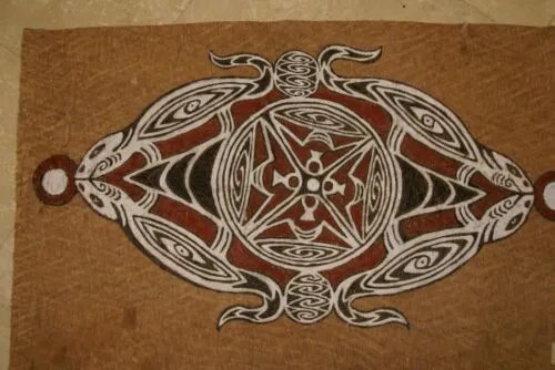 Rare Tapa Kapa Bark Cloth (Kapa in Hawaii) from Lake Sentani, Irian Jaya, Papua New Guinea. Hand painted by Tribal Artist with natural pigments: Abstract Stylized Geckos & Fish 31.5" x 19.5" No 14