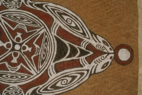 Rare Tapa Kapa Bark Cloth (Kapa in Hawaii) from Lake Sentani, Irian Jaya, Papua New Guinea. Hand painted by Tribal Artist with natural pigments: Abstract Stylized Geckos & Fish 31.5" x 19.5" No 14