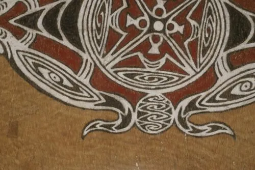 Rare Tapa Kapa Bark Cloth (Kapa in Hawaii) from Lake Sentani, Irian Jaya, Papua New Guinea. Hand painted by Tribal Artist with natural pigments: Abstract Stylized Geckos & Fish 31.5" x 19.5" No 14