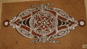 Rare Tapa Kapa Bark Cloth (Kapa in Hawaii) from Lake Sentani, Irian Jaya, Papua New Guinea. Hand painted by Tribal Artist with natural pigments: Abstract Stylized Geckos & Fish 31.5" x 19.5" No 14