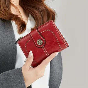 RFID Vintage Women's Short Wallet, Solid Color Multi-card Zipper Buckle Wallet With ID Card Slots, Multi-functional Credit Card Holder Purse