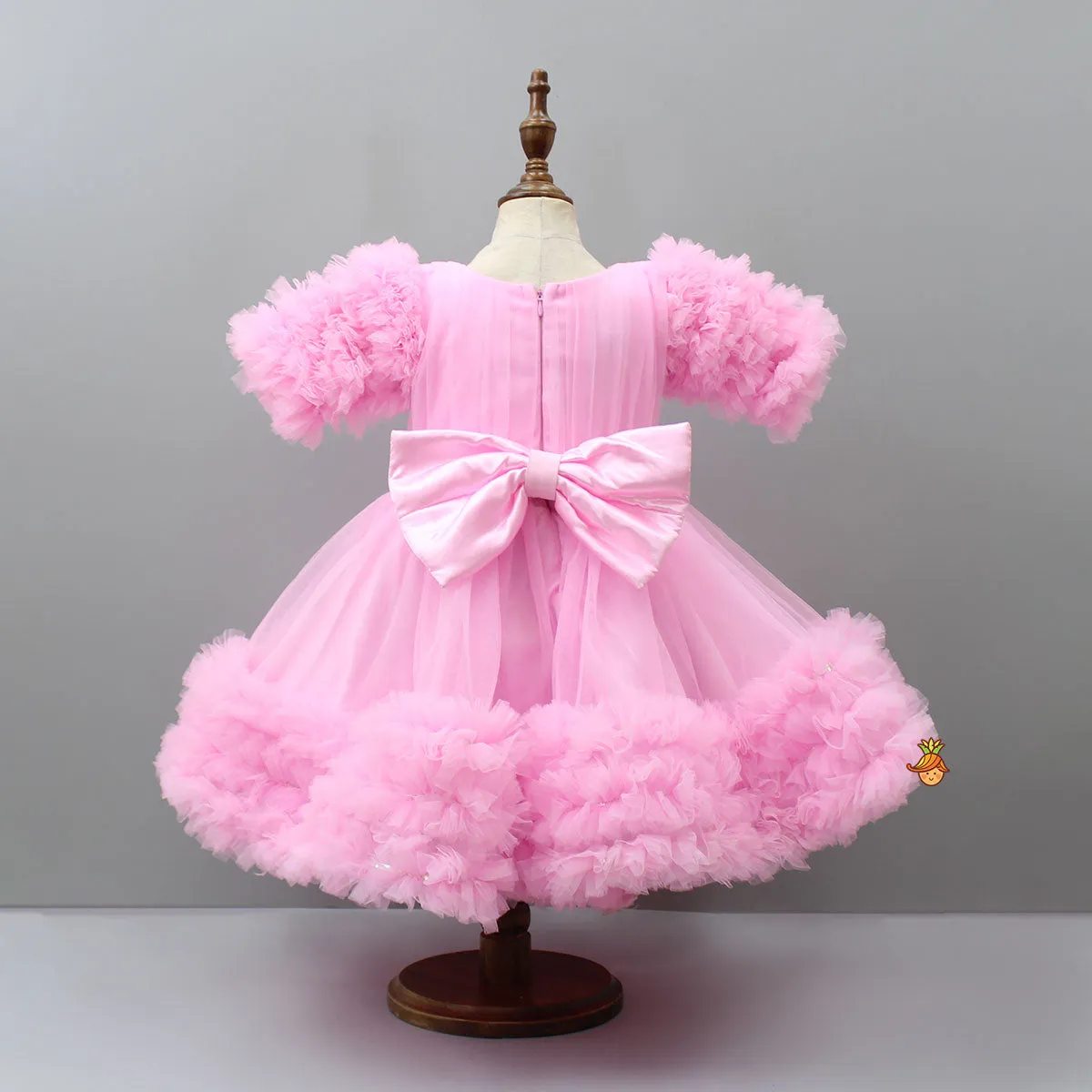Ruffle-Sleeved Exquisite Pink Dress With Headband
