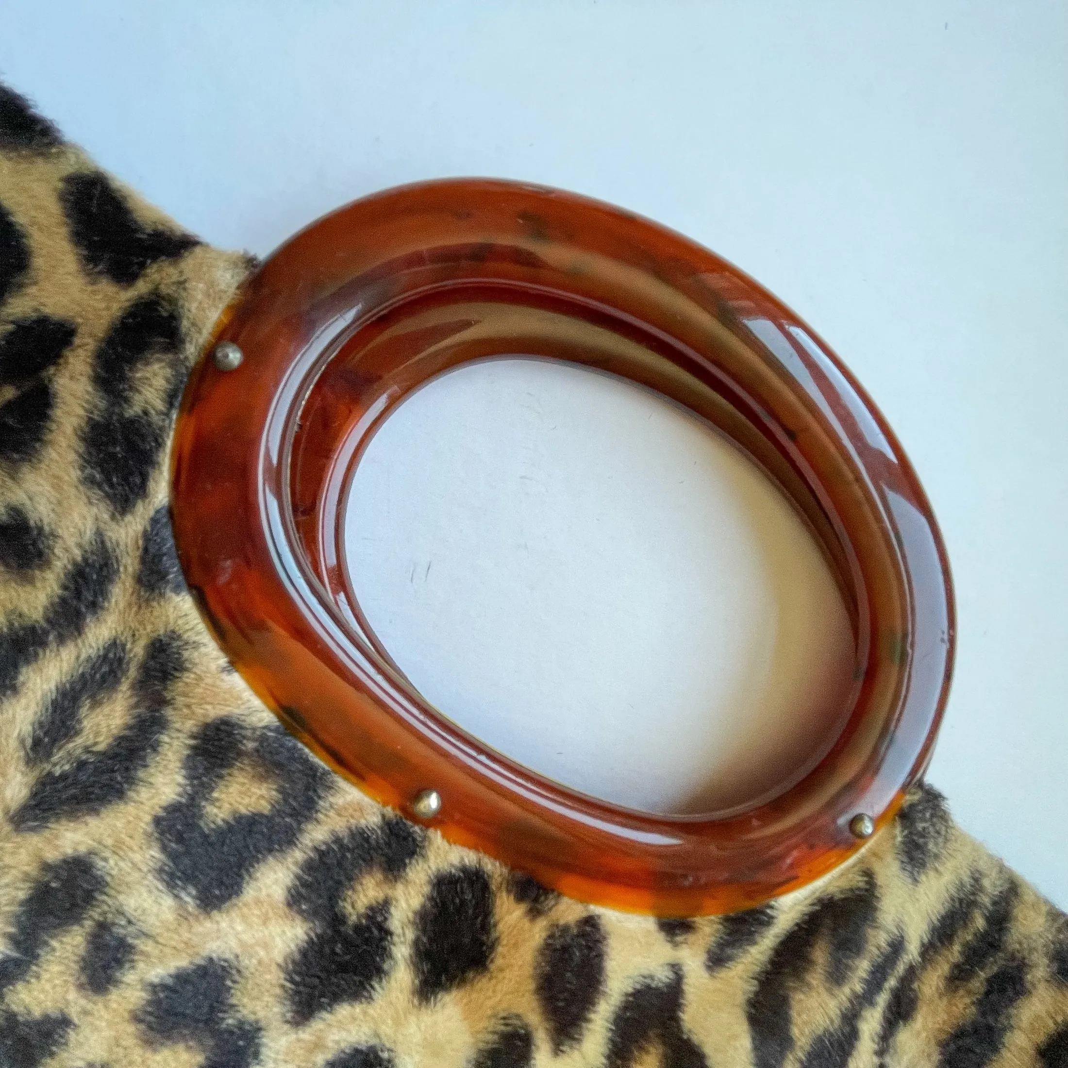 SOLD Vintage 60s Faux Leopard Fabric Clutch Bag Lucite Handles