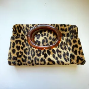 SOLD Vintage 60s Faux Leopard Fabric Clutch Bag Lucite Handles