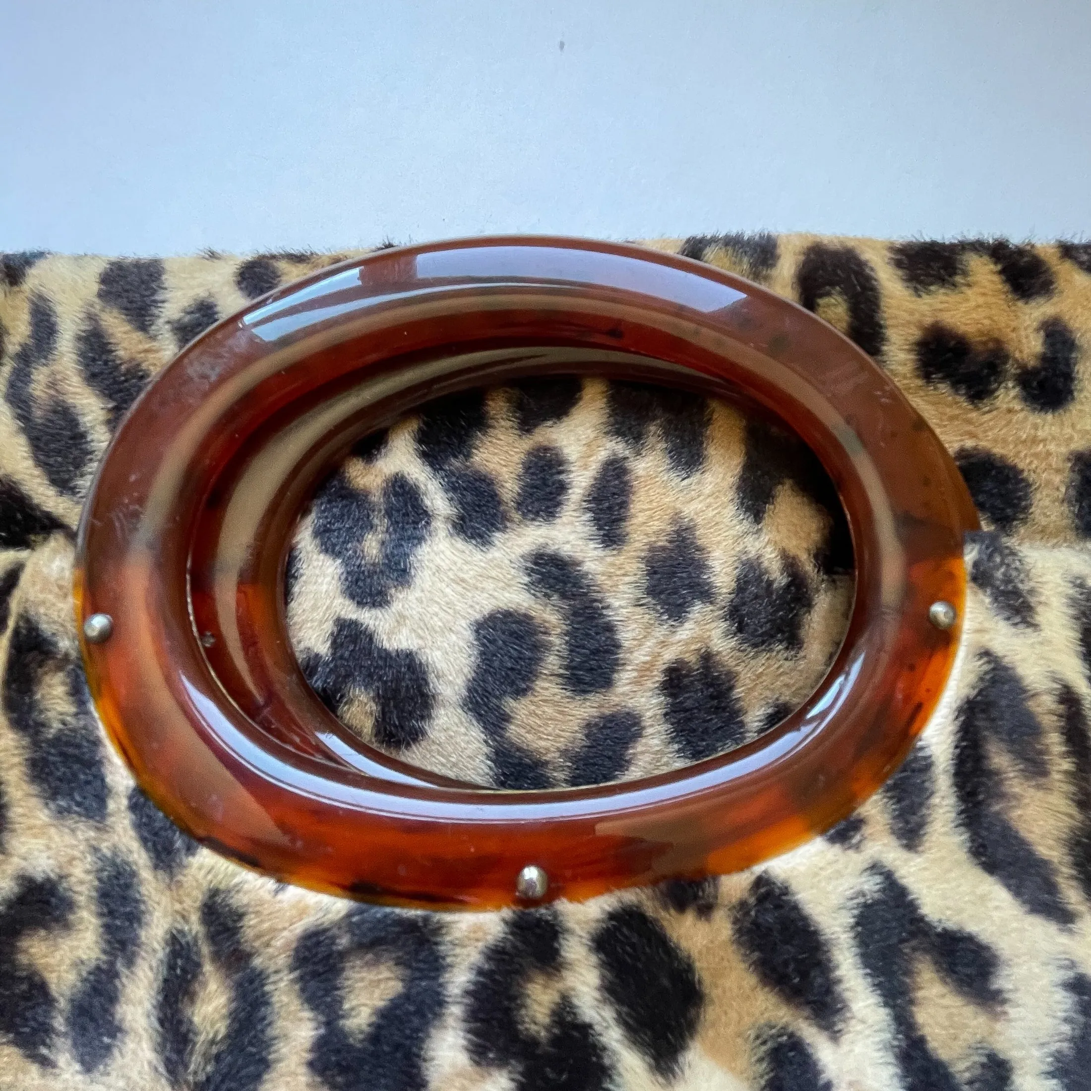SOLD Vintage 60s Faux Leopard Fabric Clutch Bag Lucite Handles