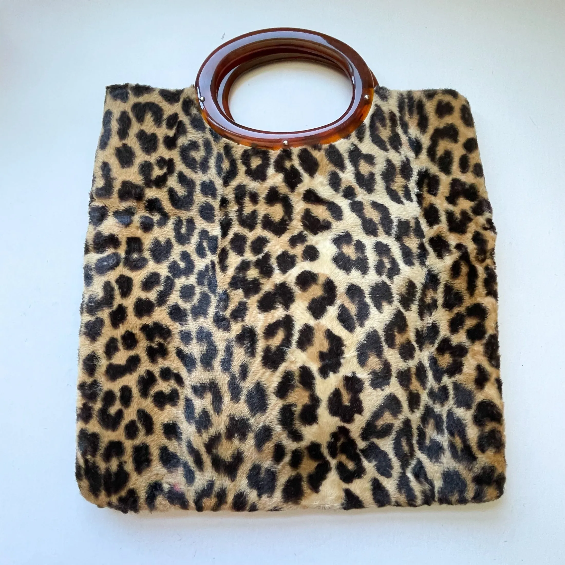 SOLD Vintage 60s Faux Leopard Fabric Clutch Bag Lucite Handles