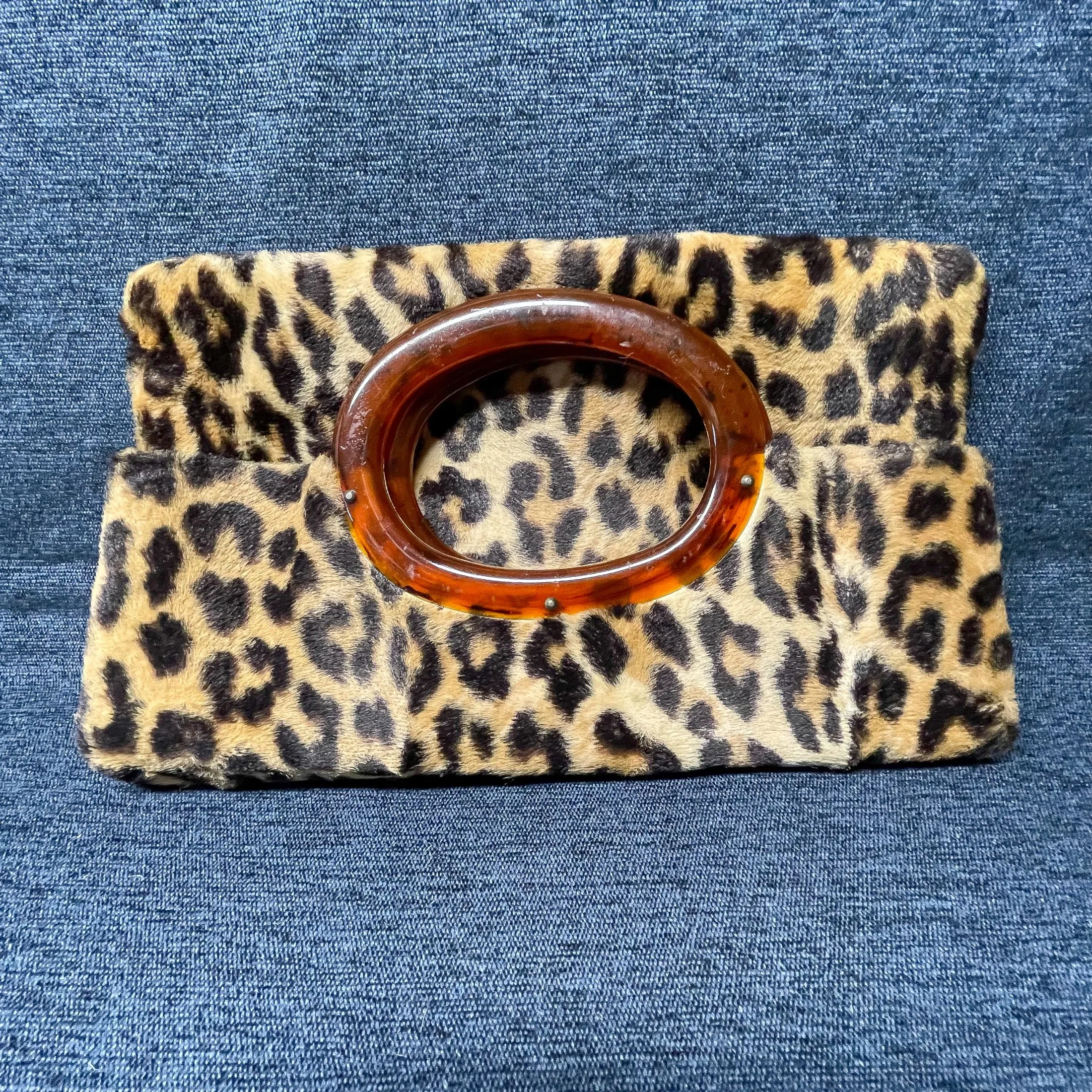 SOLD Vintage 60s Faux Leopard Fabric Clutch Bag Lucite Handles