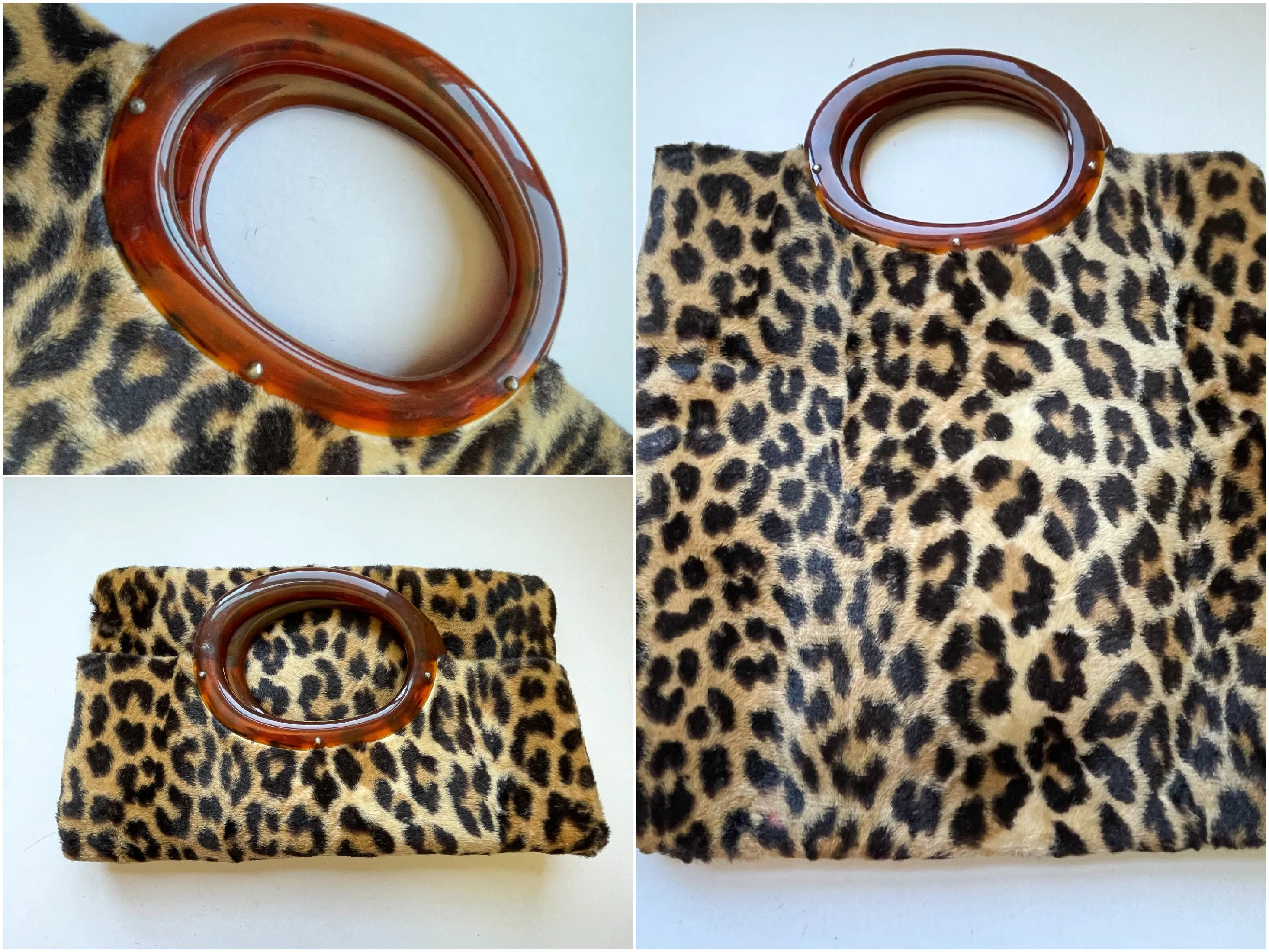 SOLD Vintage 60s Faux Leopard Fabric Clutch Bag Lucite Handles
