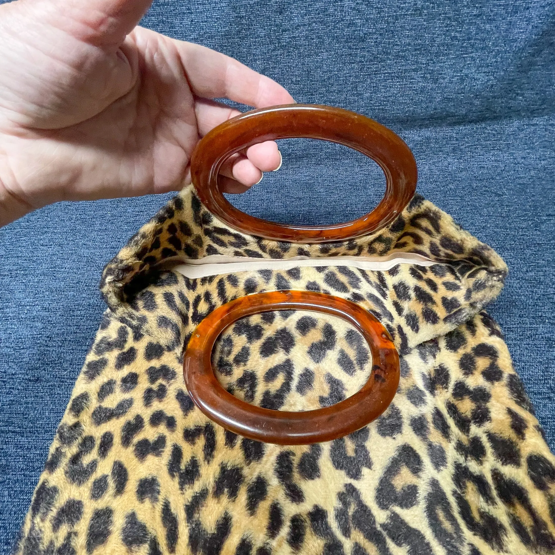 SOLD Vintage 60s Faux Leopard Fabric Clutch Bag Lucite Handles