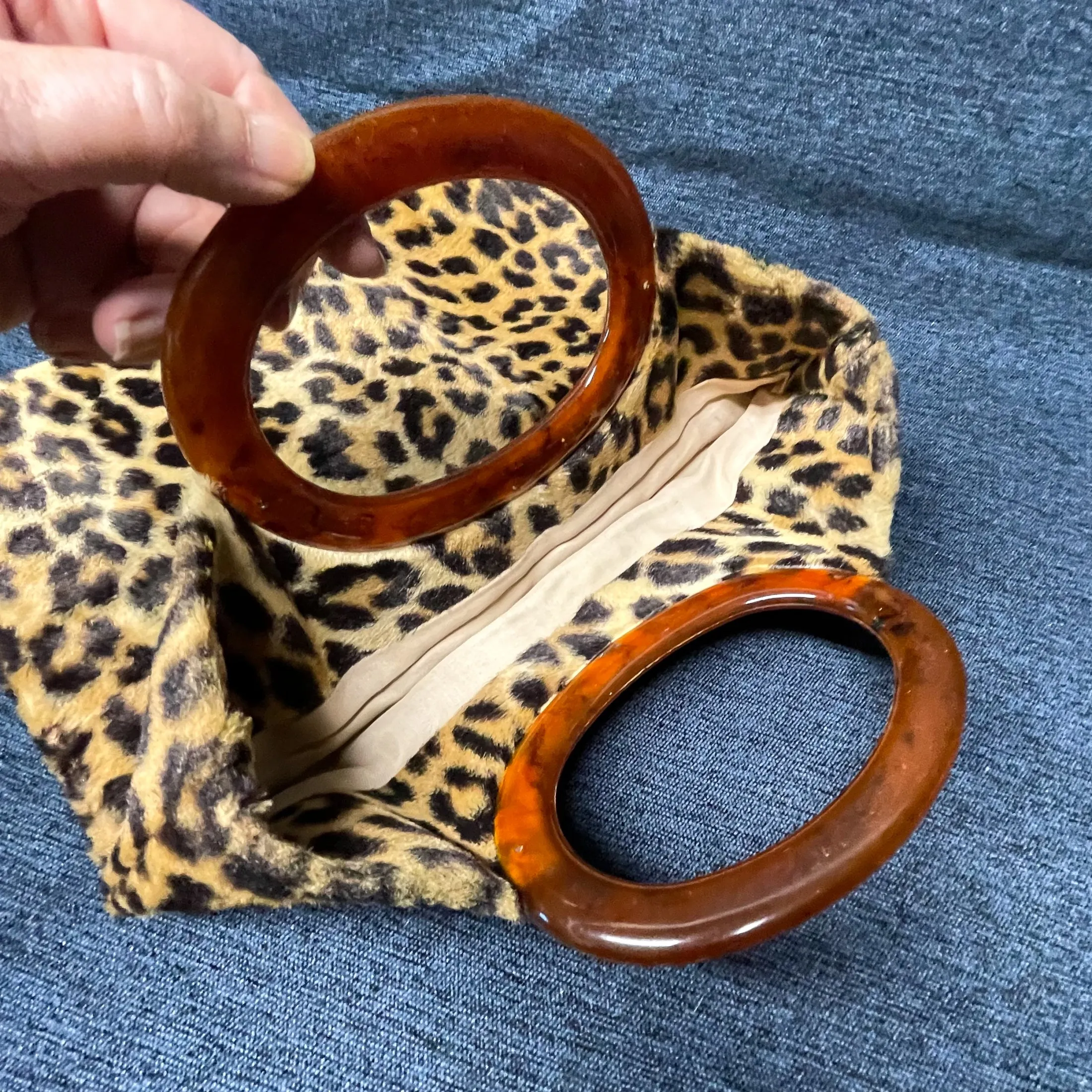 SOLD Vintage 60s Faux Leopard Fabric Clutch Bag Lucite Handles
