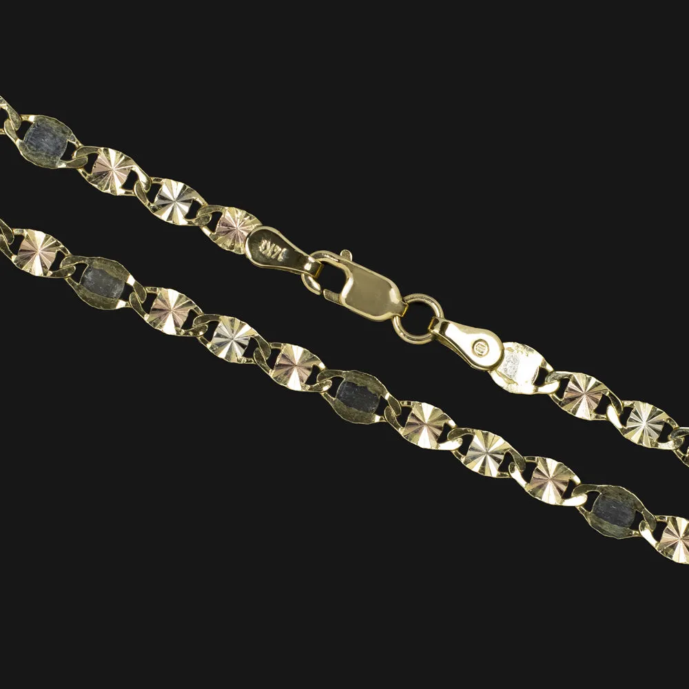 SOLID 14k TRI TONE GOLD CHAIN LINK NECKLACE 24 INCH YELLOW ROSE WHITE STARBURST
