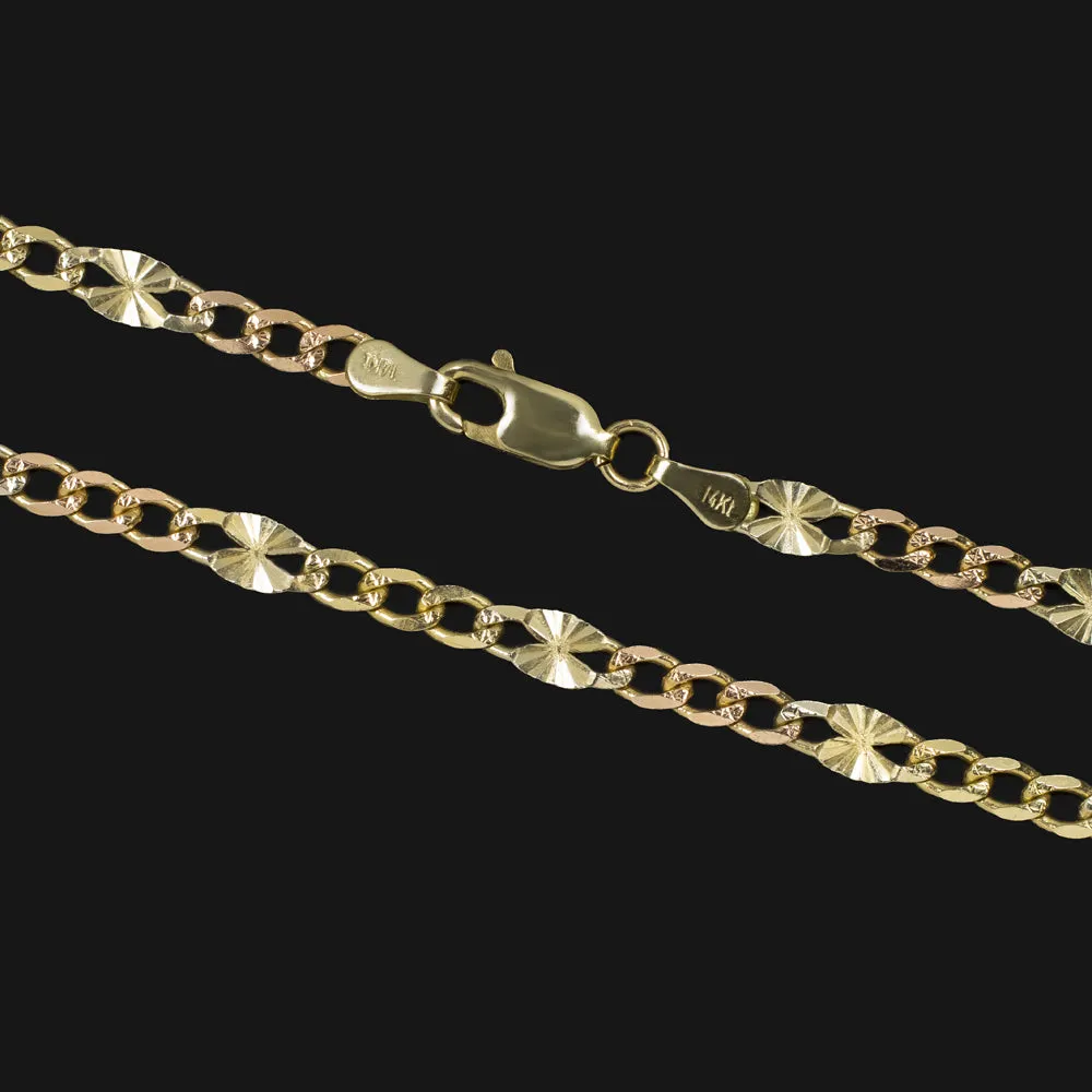 SOLID 14k TWO TONE GOLD CHAIN LINK NECKLACE 24 INCH YELLOW ROSE STARBURST CURB