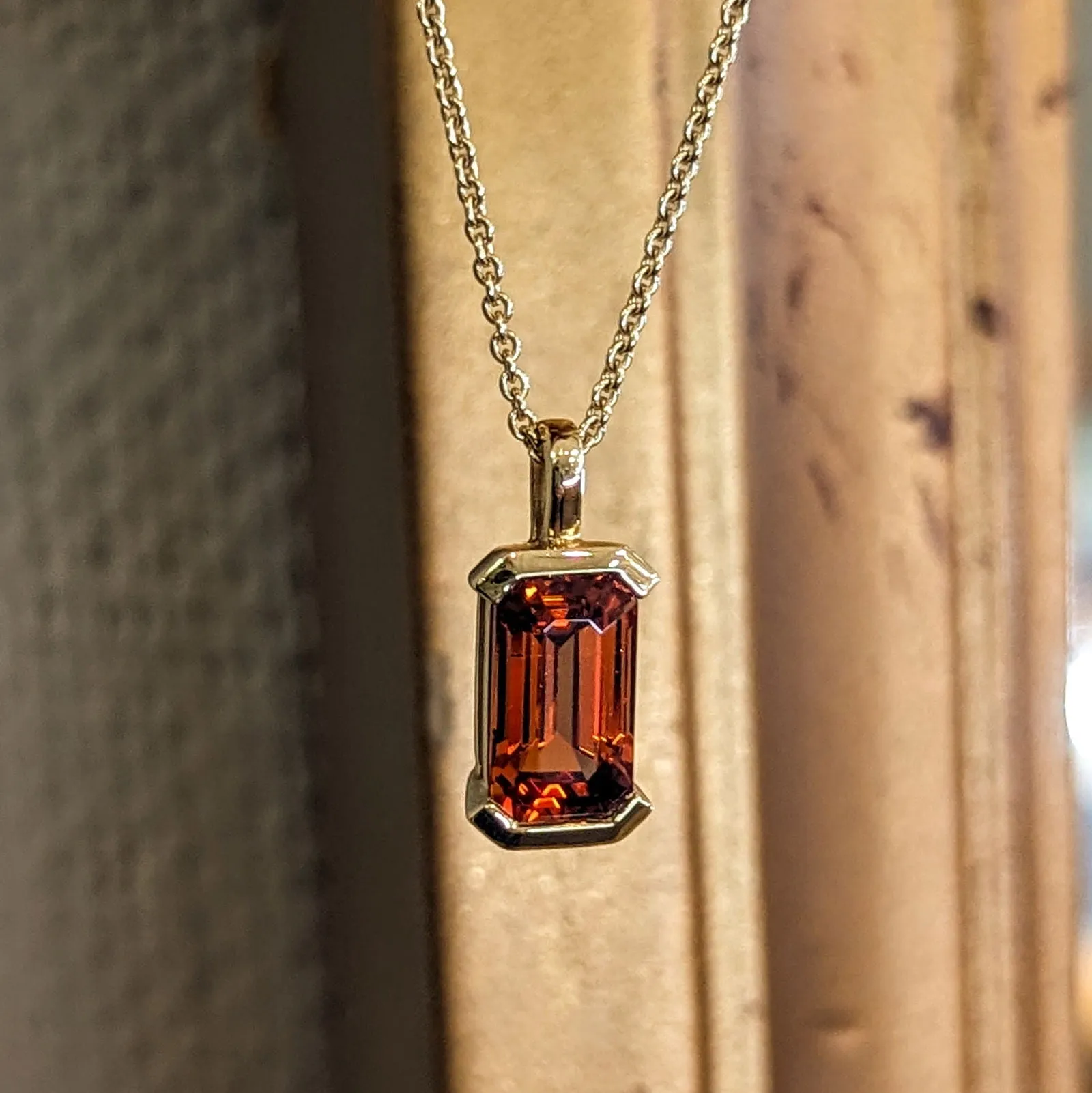 Spessartite Garnet Emerald Cut Gold Pendant