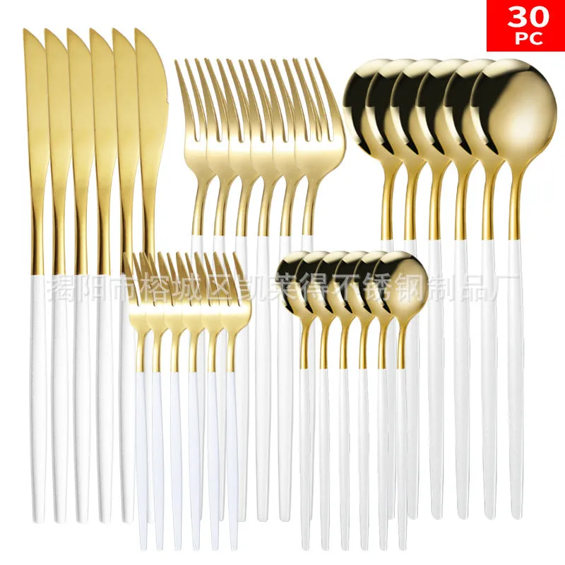Stainless Steel Knife and Forks 30-Piece Set Portuguese Tableware Golden Set  Western Food Steak Knife Fork and Spoon