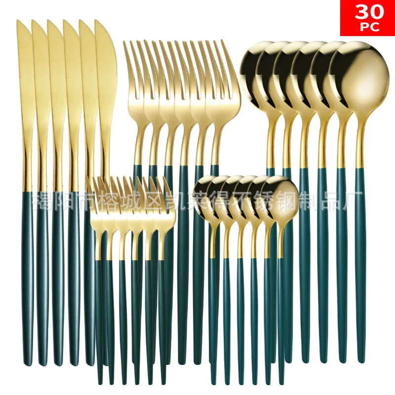 Stainless Steel Knife and Forks 30-Piece Set Portuguese Tableware Golden Set  Western Food Steak Knife Fork and Spoon