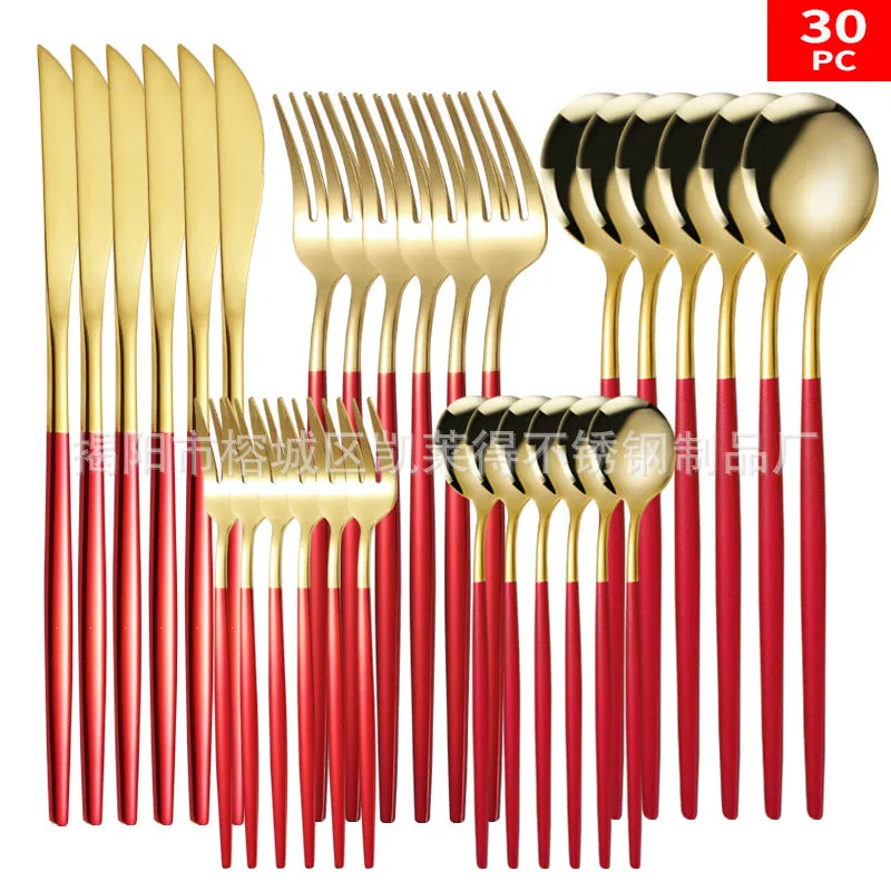 Stainless Steel Knife and Forks 30-Piece Set Portuguese Tableware Golden Set  Western Food Steak Knife Fork and Spoon