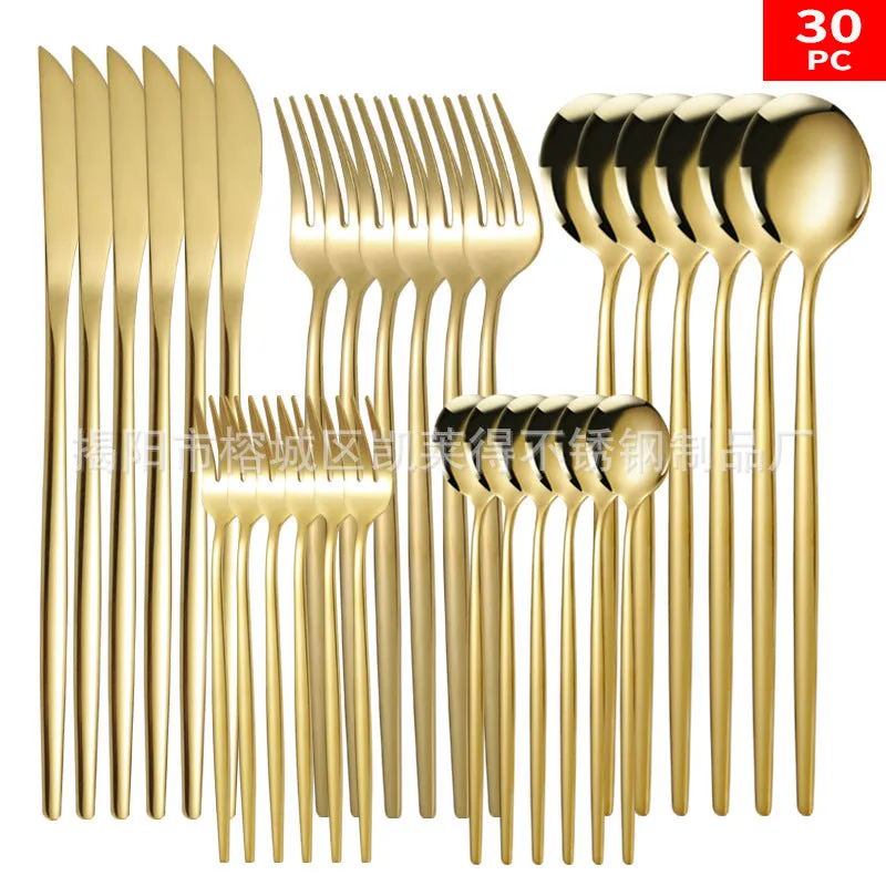 Stainless Steel Knife and Forks 30-Piece Set Portuguese Tableware Golden Set  Western Food Steak Knife Fork and Spoon