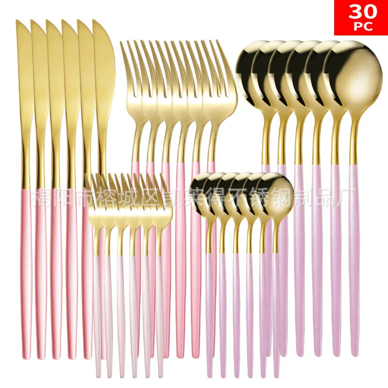 Stainless Steel Knife and Forks 30-Piece Set Portuguese Tableware Golden Set  Western Food Steak Knife Fork and Spoon