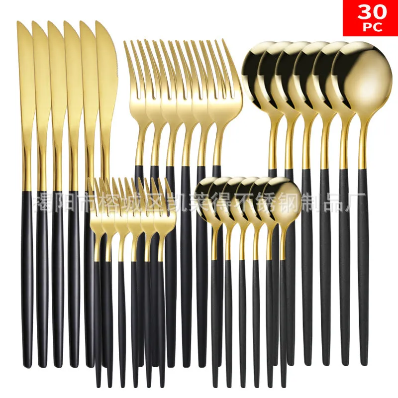 Stainless Steel Knife and Forks 30-Piece Set Portuguese Tableware Golden Set  Western Food Steak Knife Fork and Spoon