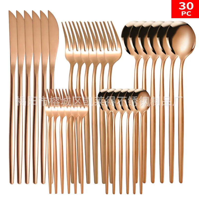 Stainless Steel Knife and Forks 30-Piece Set Portuguese Tableware Golden Set  Western Food Steak Knife Fork and Spoon