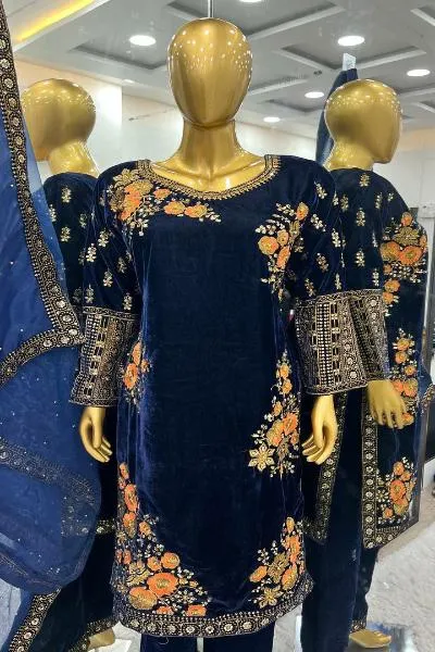 Superhit Dark Blue Exquisite Velvet Salwar Suit