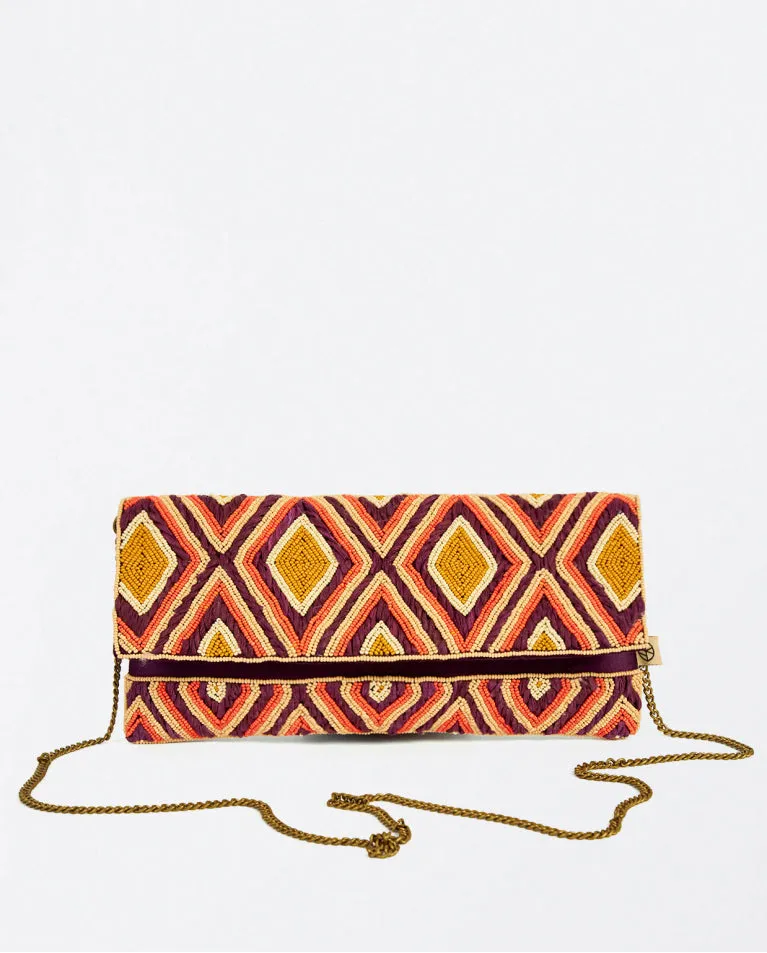 SURKANA <BR>
Beaded and raffia clutch bag <BR>
Maroon <BR>
