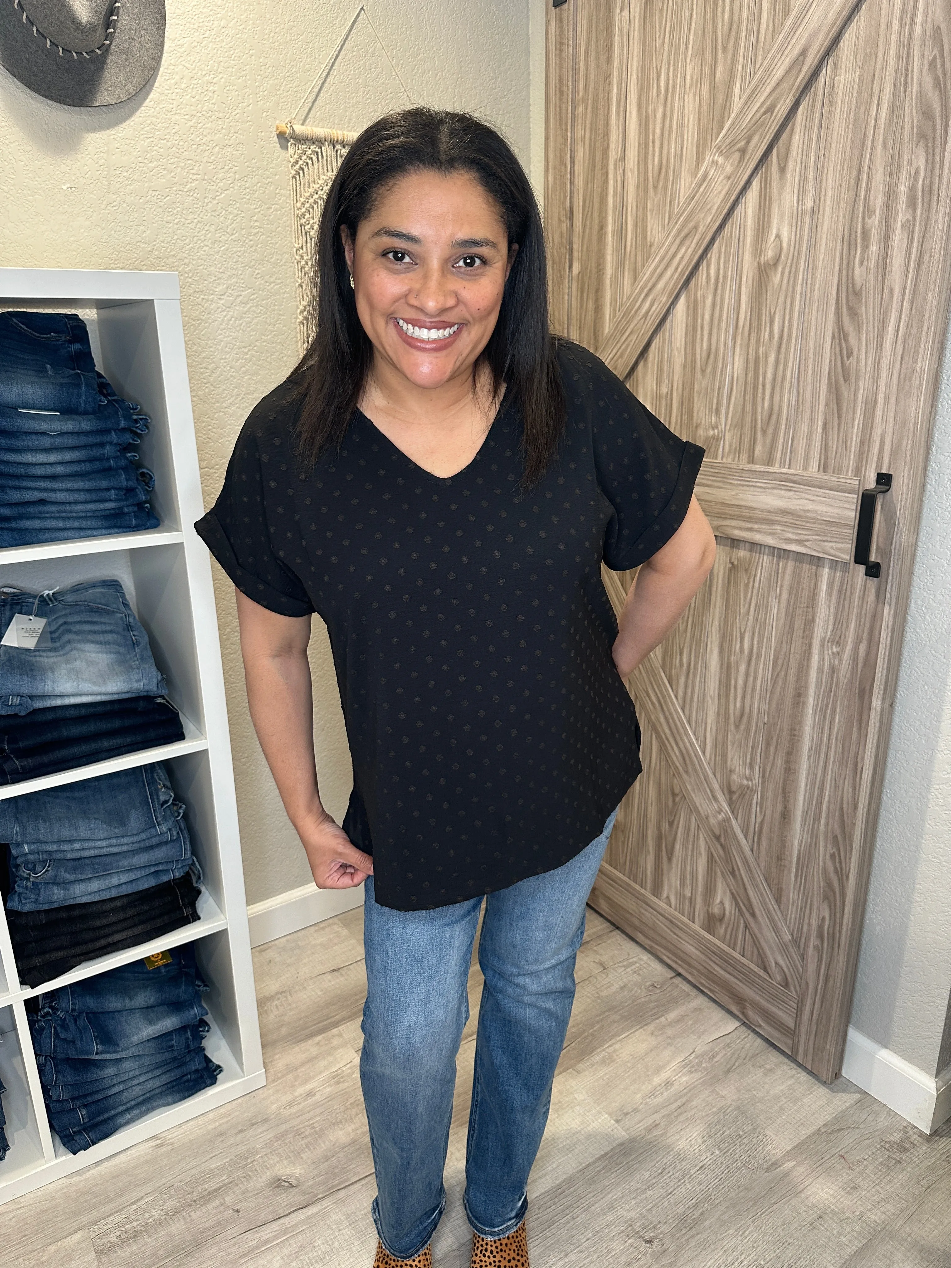 Swiss Dot Classic V Neck Dolman Top
