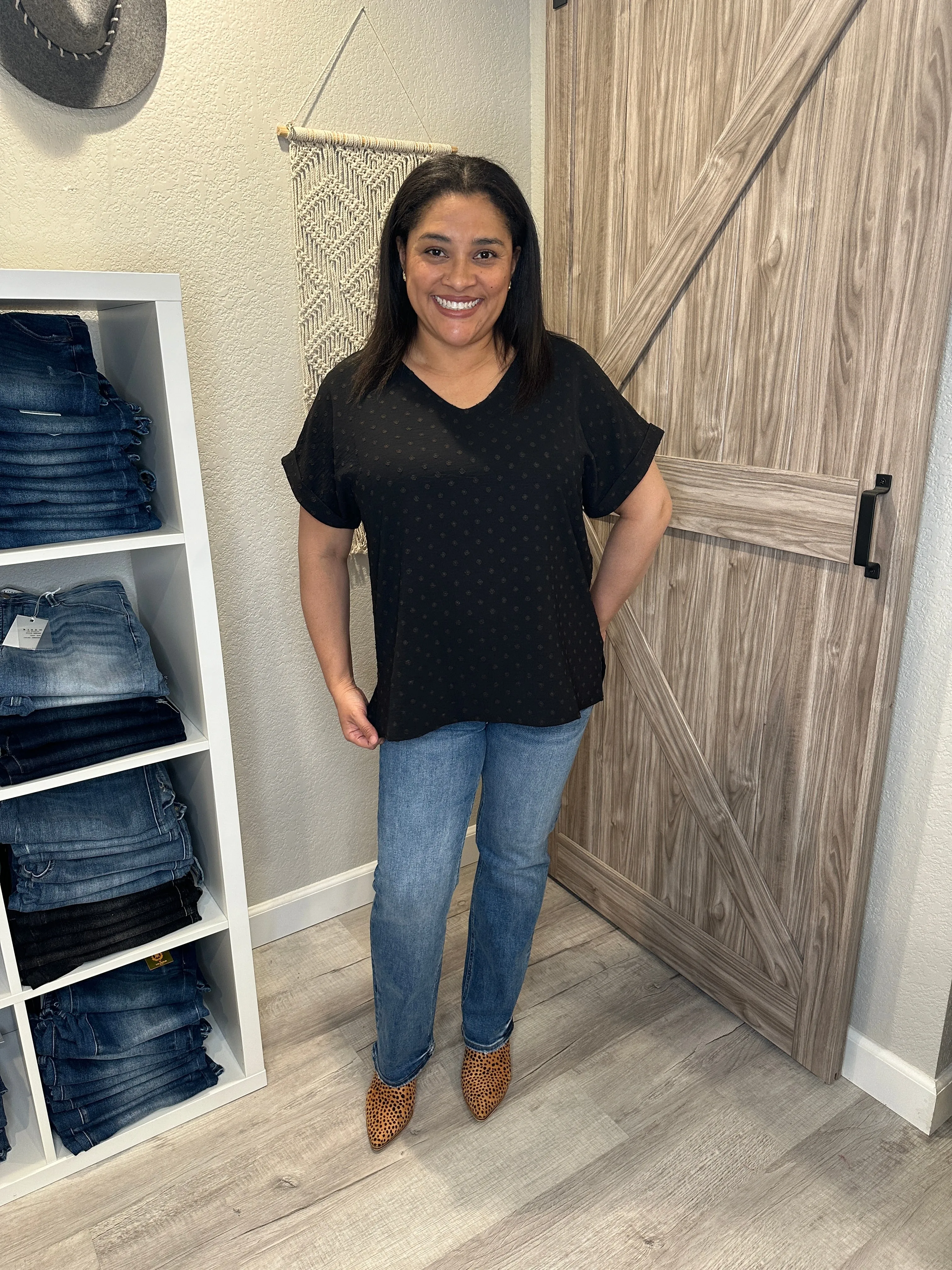 Swiss Dot Classic V Neck Dolman Top