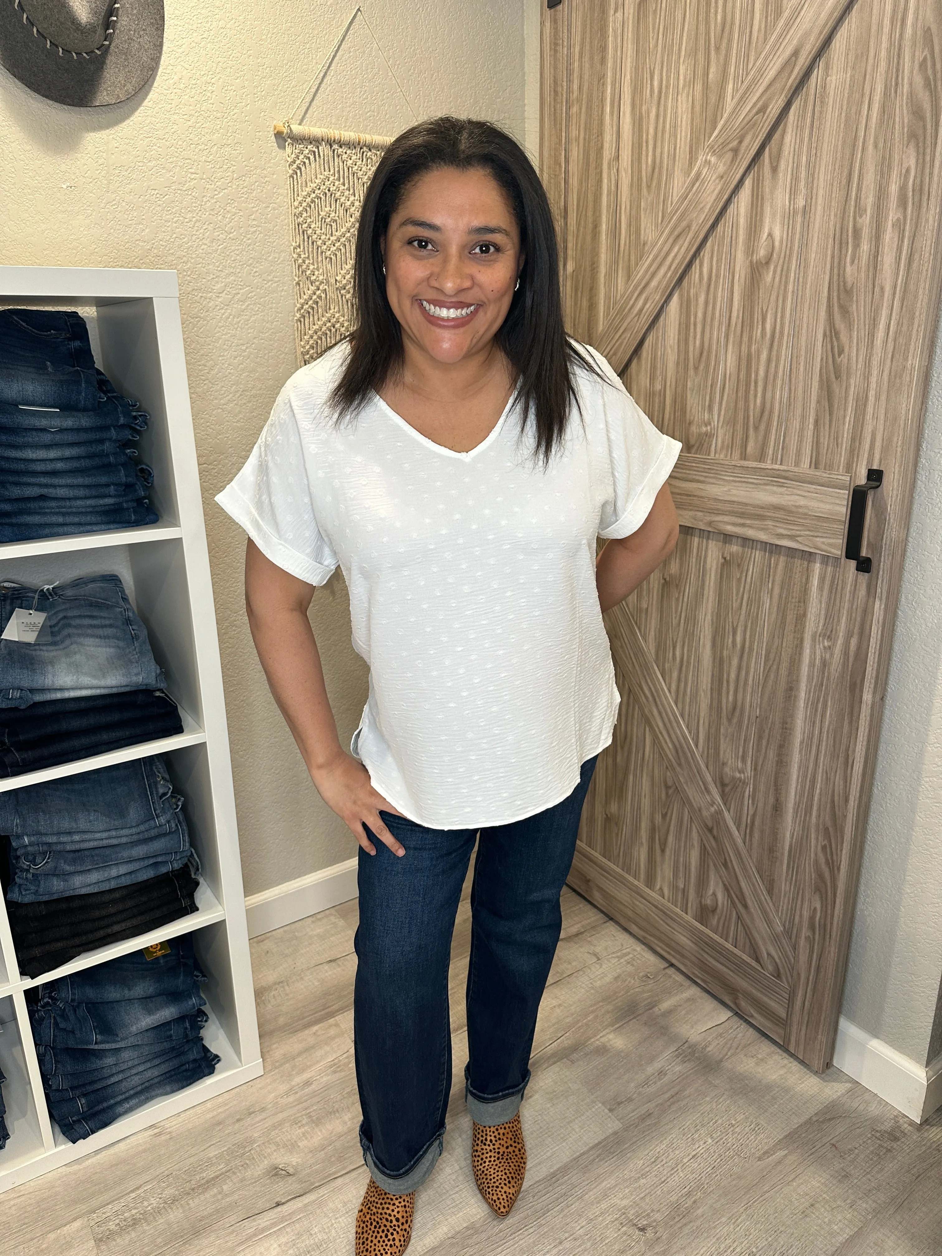 Swiss Dot Classic V Neck Dolman Top