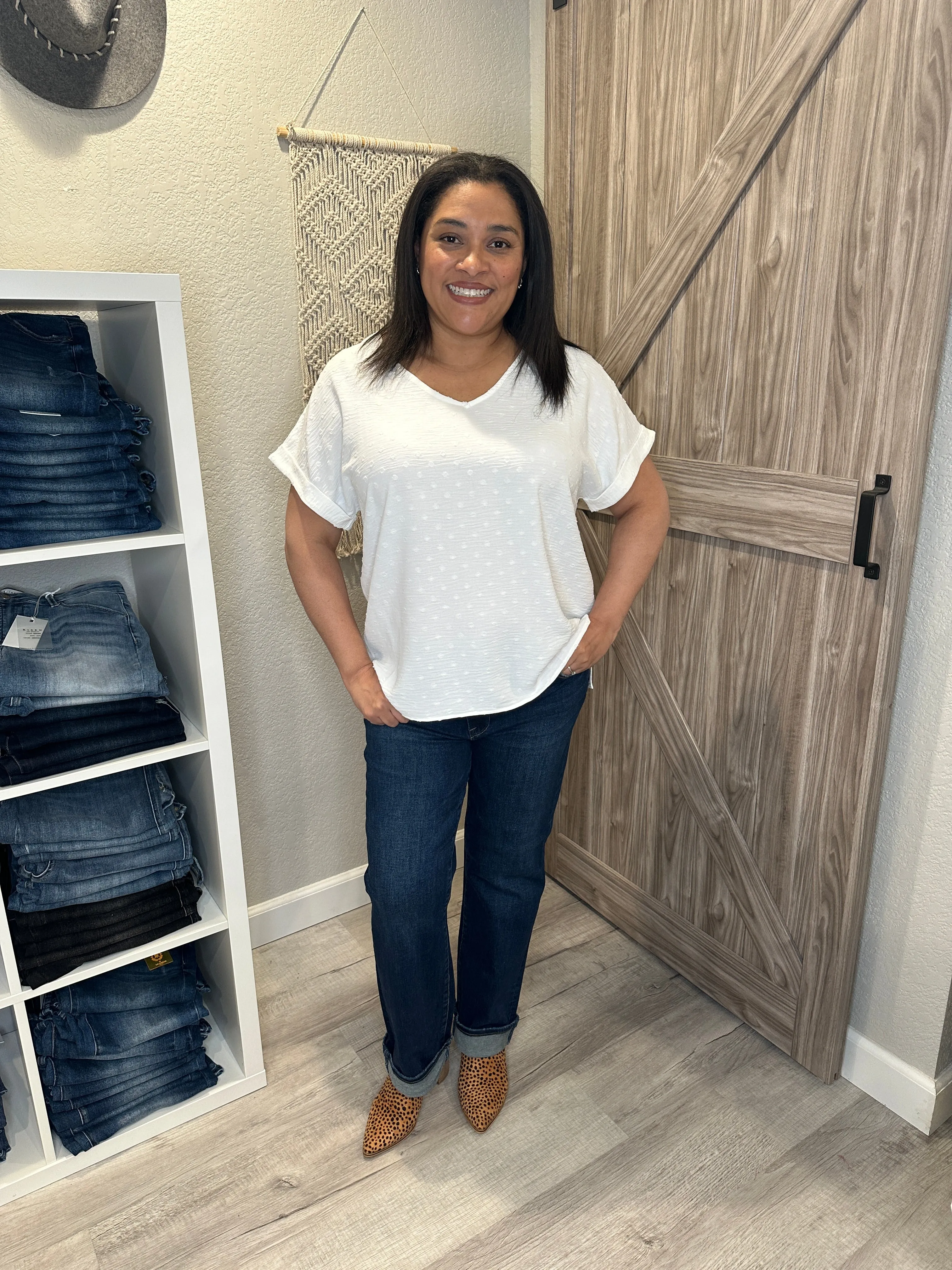 Swiss Dot Classic V Neck Dolman Top