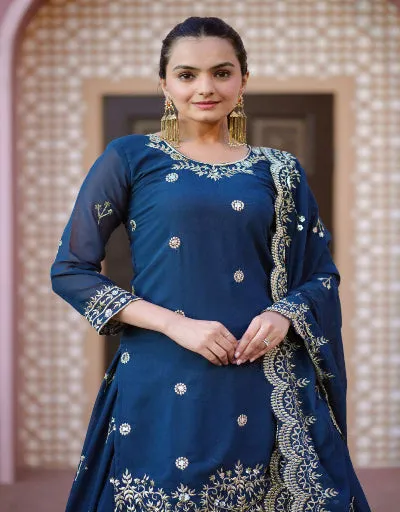 Teal Blue Georgette Exquisite Sequins Embroidery Lehenga Set