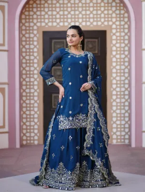 Teal Blue Georgette Exquisite Sequins Embroidery Lehenga Set