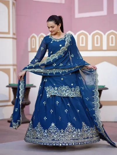 Teal Blue Georgette Exquisite Sequins Embroidery Lehenga Set