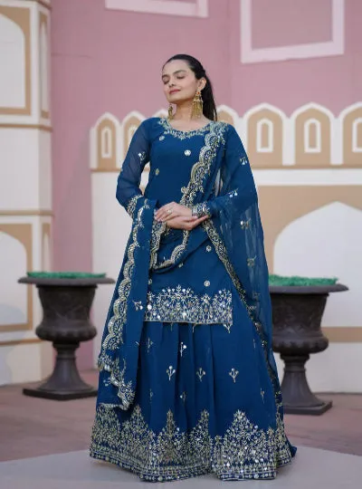 Teal Blue Georgette Exquisite Sequins Embroidery Lehenga Set