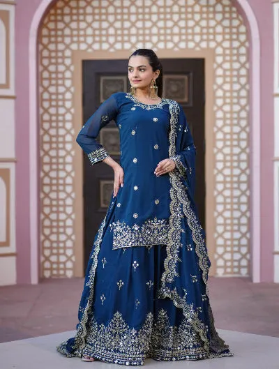 Teal Blue Georgette Exquisite Sequins Embroidery Lehenga Set