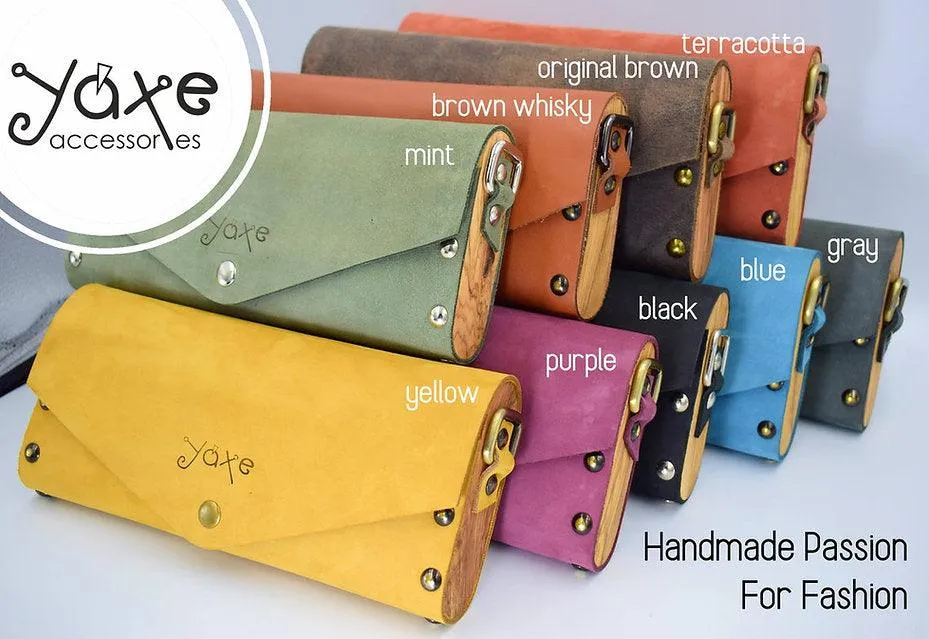 Teracotta small clutch women bag from leather and wood