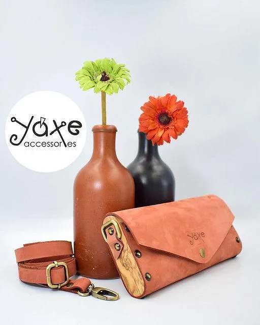 Teracotta small clutch women bag from leather and wood