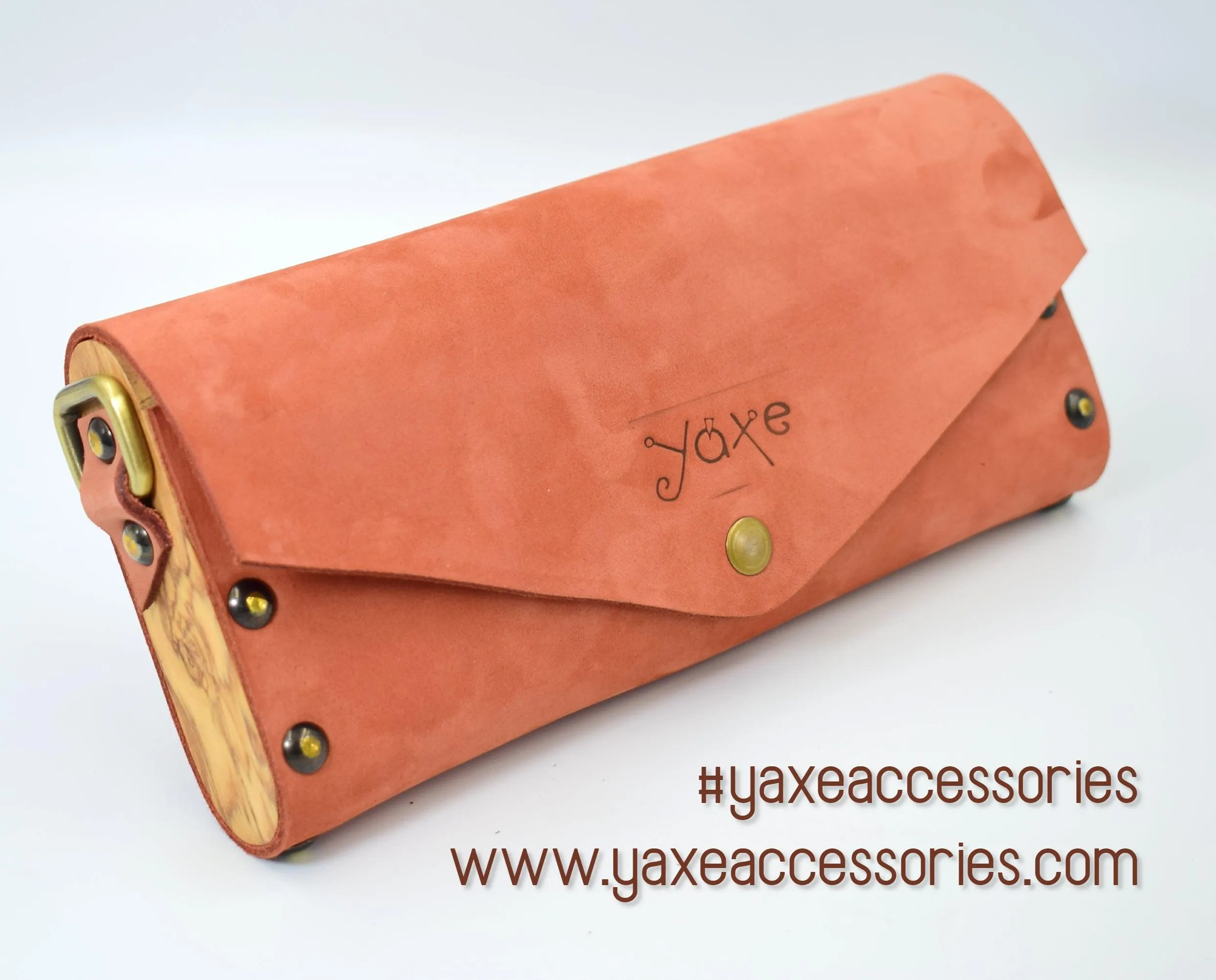 Teracotta small clutch women bag from leather and wood