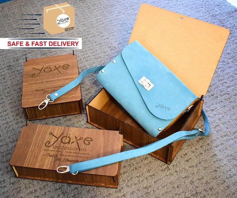 Teracotta small clutch women bag from leather and wood