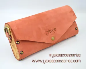 Teracotta small clutch women bag from leather and wood