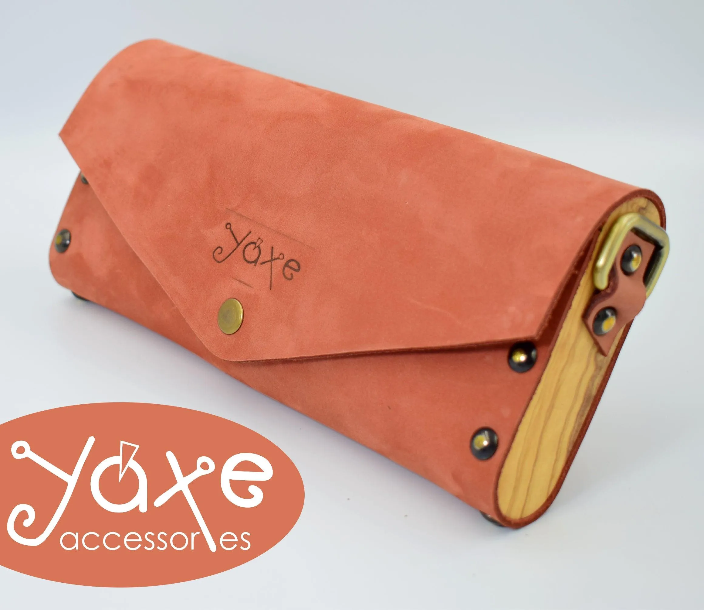 Teracotta small clutch women bag from leather and wood