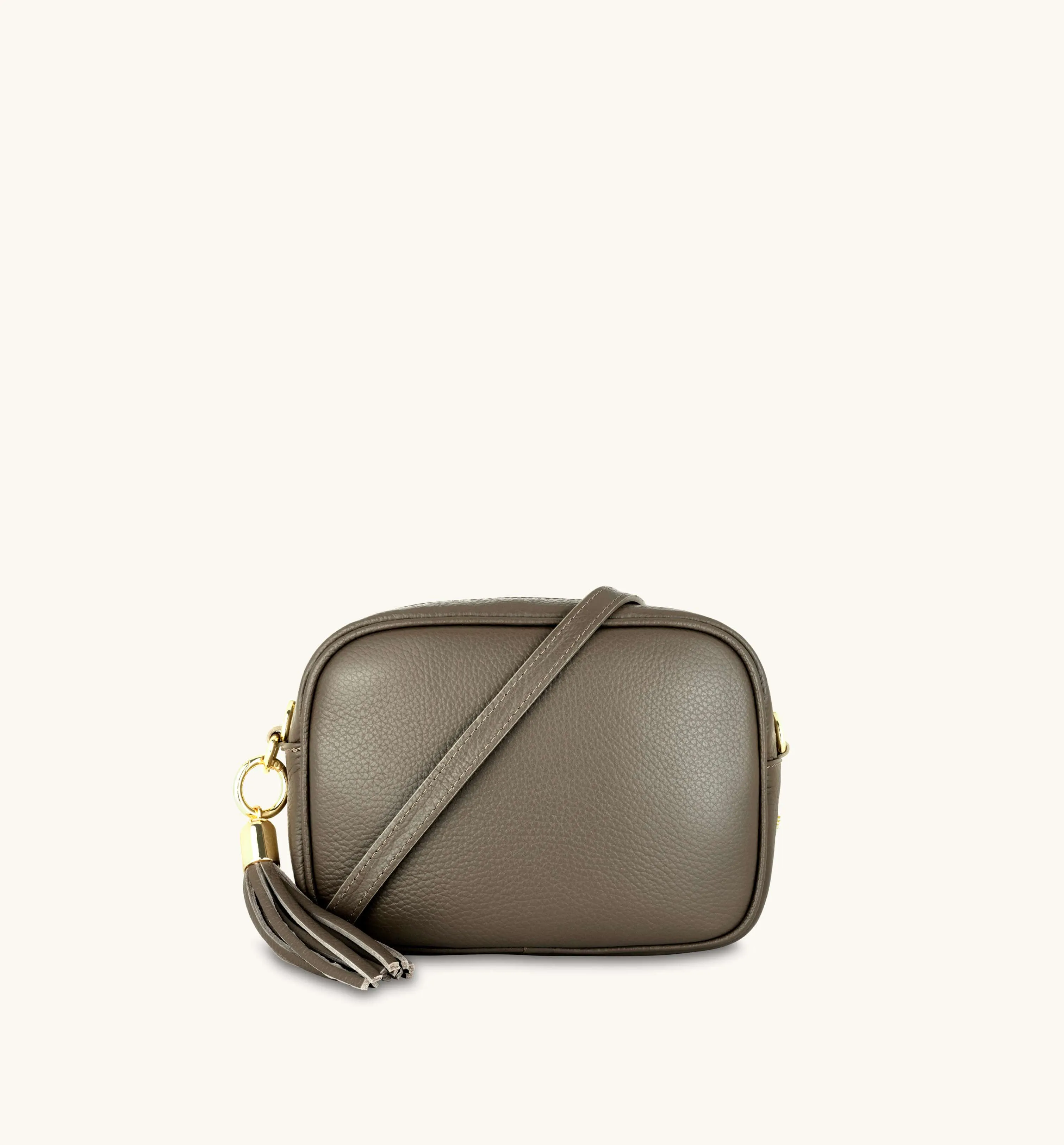 The Tassel Latte Leather Crossbody Bag With Latte Stripe Strap