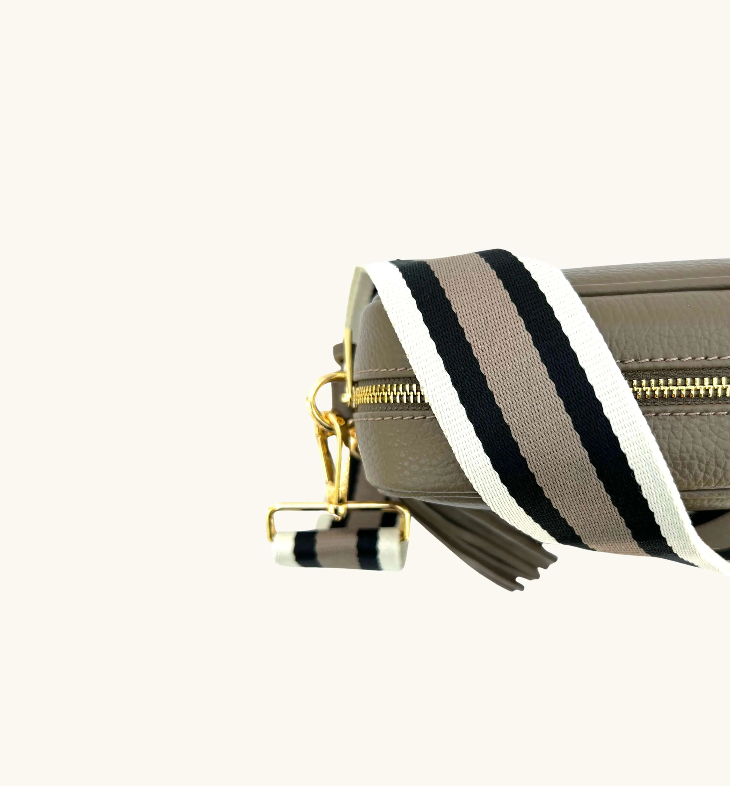 The Tassel Latte Leather Crossbody Bag With Latte Stripe Strap