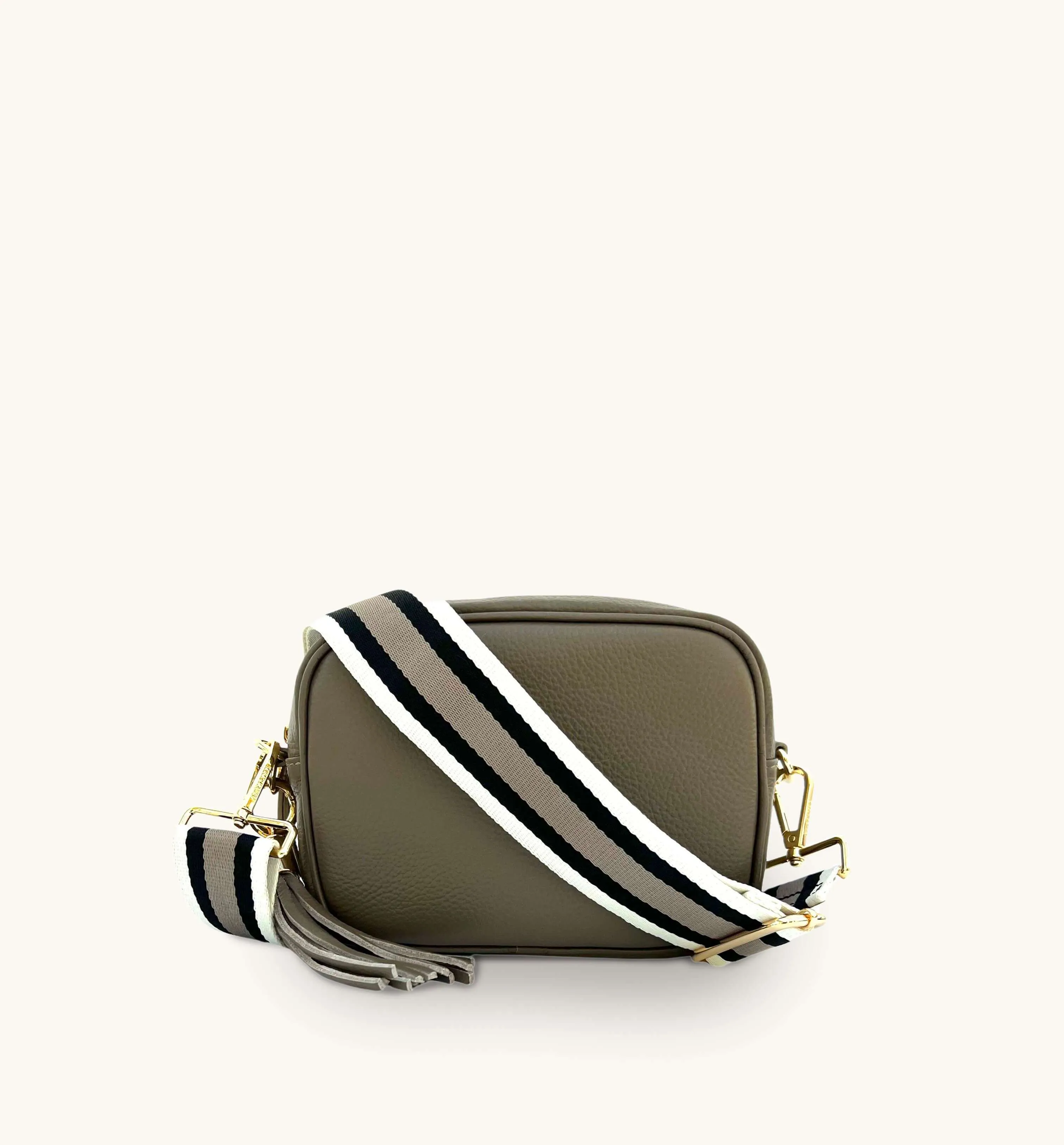 The Tassel Latte Leather Crossbody Bag With Latte Stripe Strap